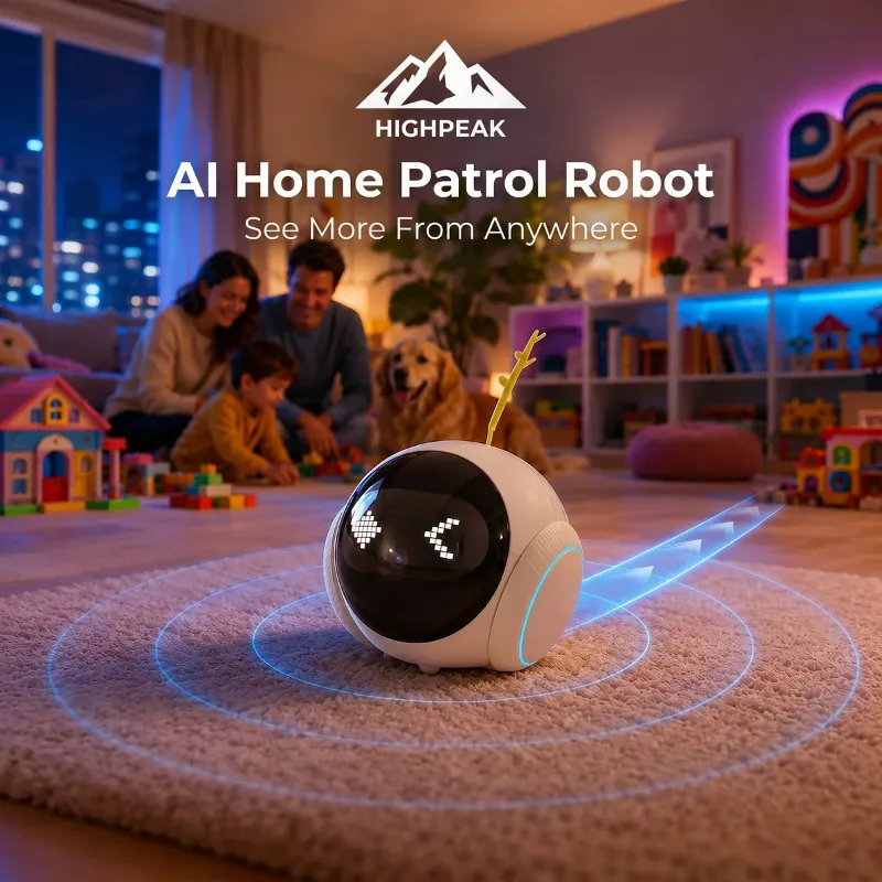 HighPeak AI Home Patrol Robot, small white home-monitoring robot with a wide-angle camera