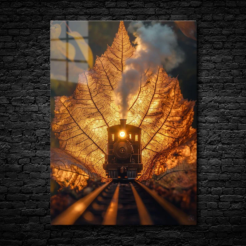 CruArt Autumn Express Metal Print showing vintage train inside glowing autumn leaf with steam