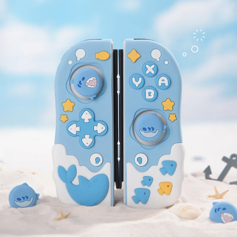 Juwas Baby Shark Silicone Joycon Cover showing the soft pink shark shaped protector.