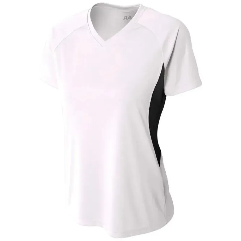 Do It Tennis A4 Women's Athletic Color Block Performance V-Neck White/Black performance tee