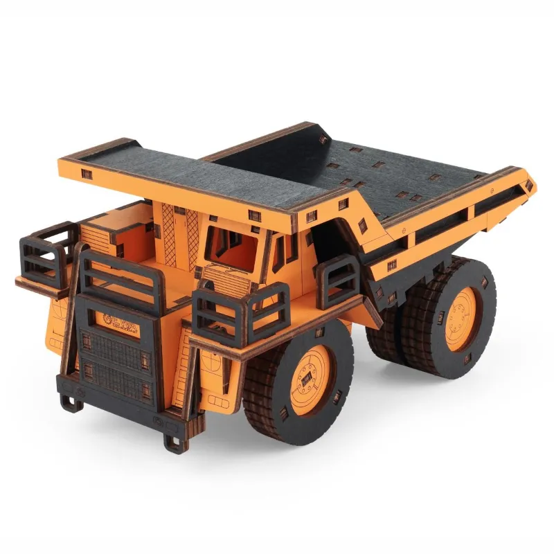 Varvikas 3D Wooden Puzzle Kit, Dump Truck (BEW013e) orange and charcoal wooden dump truck model