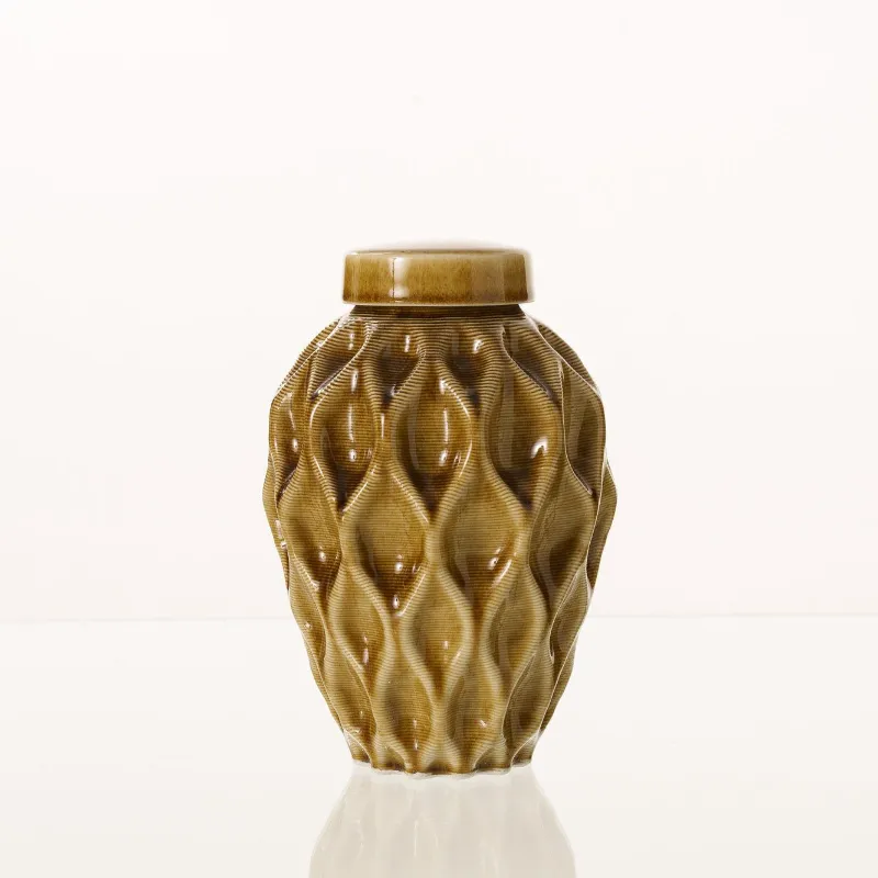 Pulvis Art Urns Cremation Urn Echo 3D Printed Ceramic Urn in Dark Sand, medium size with flowing sculptural pattern