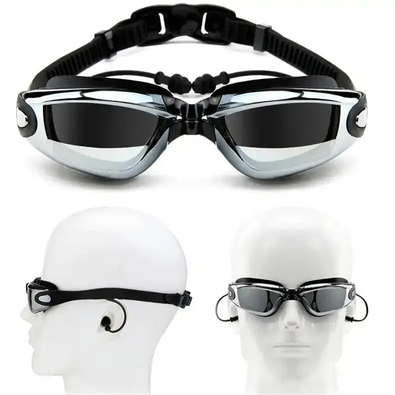 PUPU Sports Adult Anti-Fog Swimming Goggles with Ear Plugs UV Protection No Leak shown with black frame and clear lenses