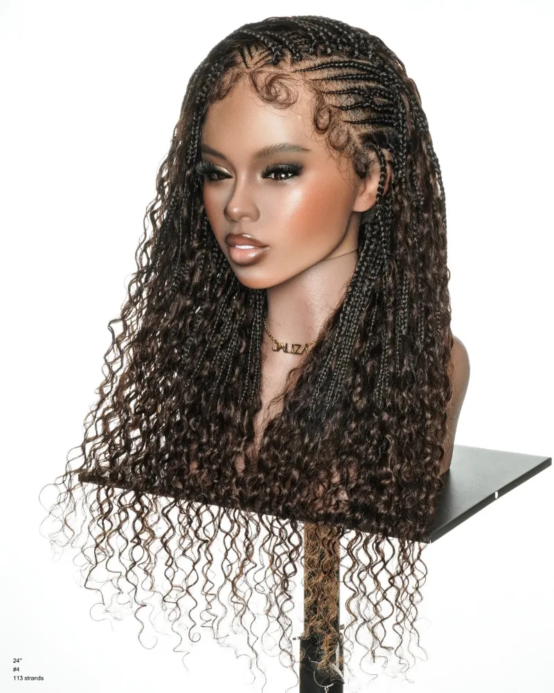 Jaliza Avery 24 inch Glueless Full Lace Fulani Water Wave Flip Over Boho Curls Braided Wig with cornrow base and flowing curls