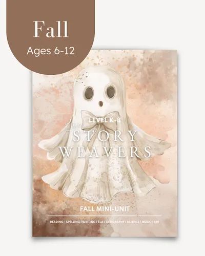 The Story Weavers Fall Mini Unit (K–8) illustrated fall curriculum pages with pumpkins and myths