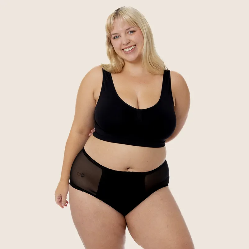 Lilova Stella High-Waist leak-proof brief in black with lace trim, front and back view