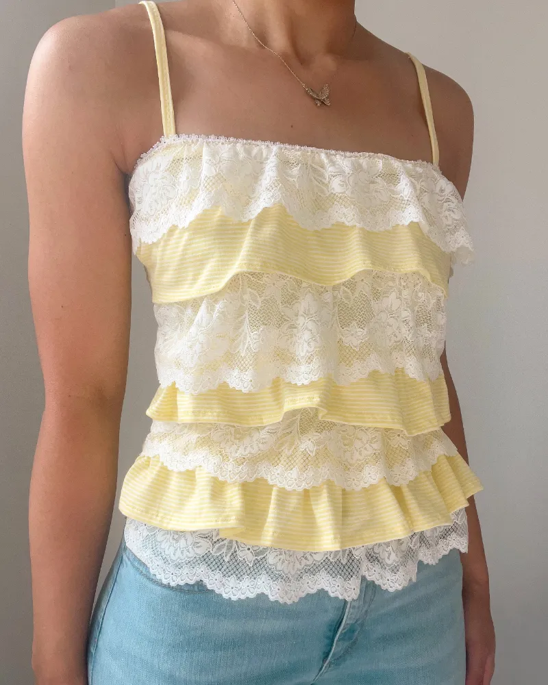 Bit By Angie Handmade Misha cotton lace ruffle cami (Bright butter yellow mini stripes) showing a striped cami with lace trim