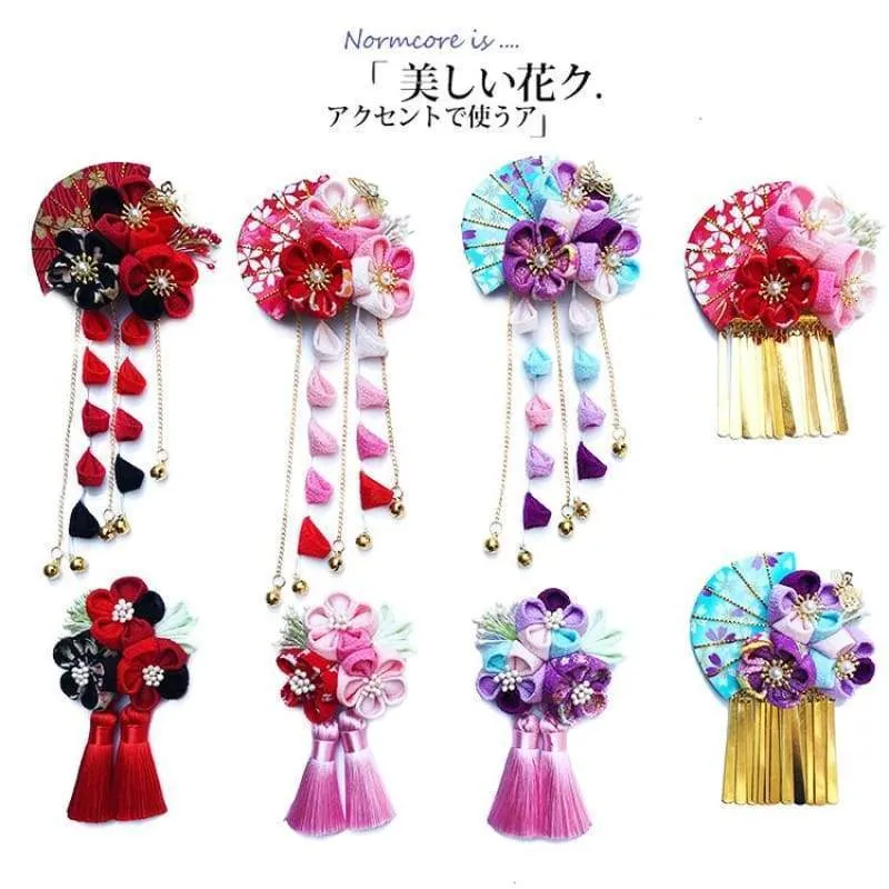 Foxtume Handmade Tsumami Kanzashi Hair Clip Sakura Blossom x Hand Fan showing cherry blossom and fan ornament on a clip