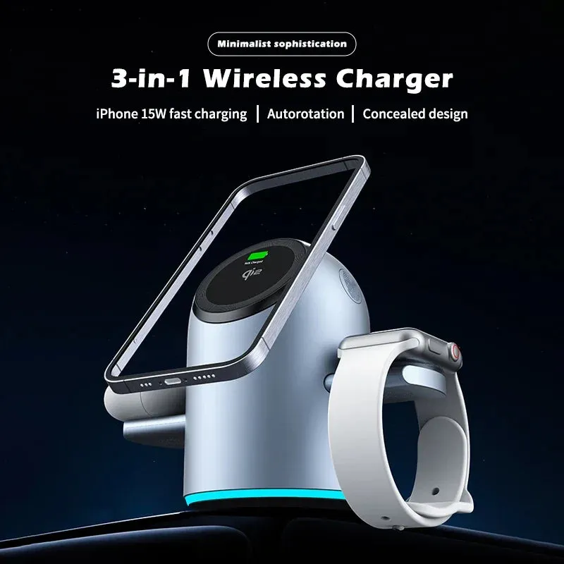 Kicklo 3 in 1 Magnetic Wireless Fast Charging Station with 360-degree rotating stand