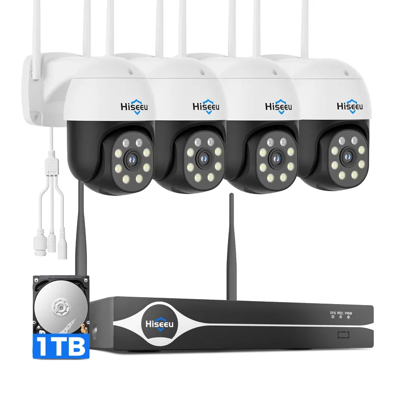 Hiseeu 8MP 4K wireless PTZ camera system with 4 cameras, 16-channel NVR, and 1TB HDD