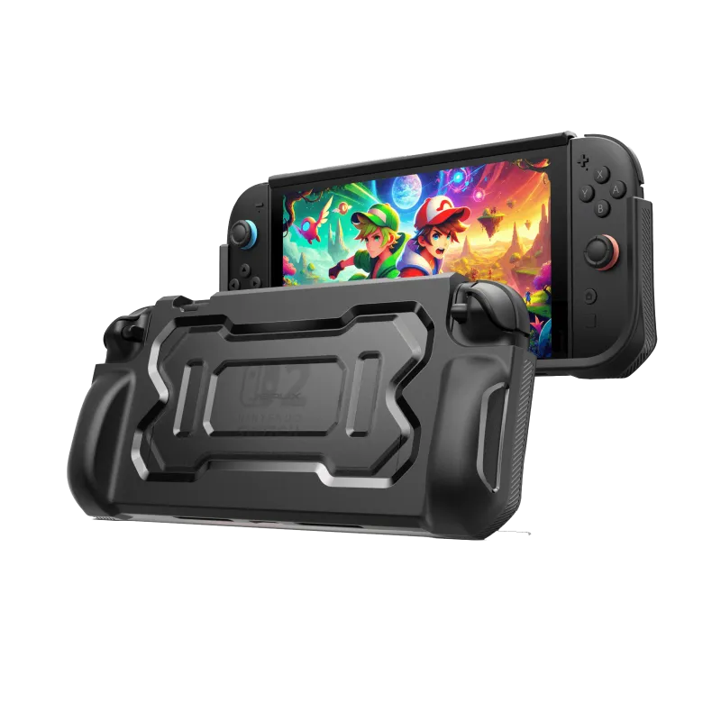 JSAUX Ergonomic Battle Armor Protective Case for Switch 2 showing matte black TPU case with textured side grips