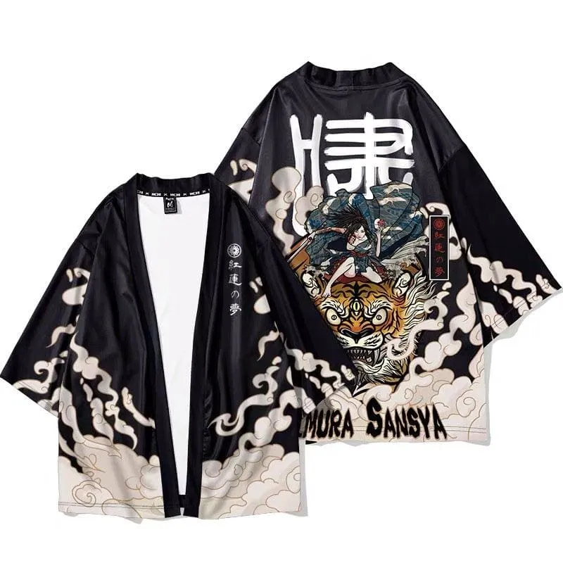 Foxtume Samurai Lady & Tiger Haori Kimono Jacket in black with colorful print