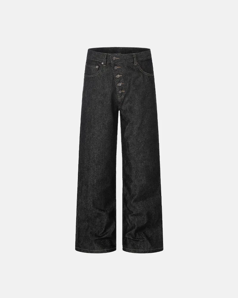 INFLATION Button Fly Raw Baggy Jeans in black with adjustable cinch waist and wide-leg fit