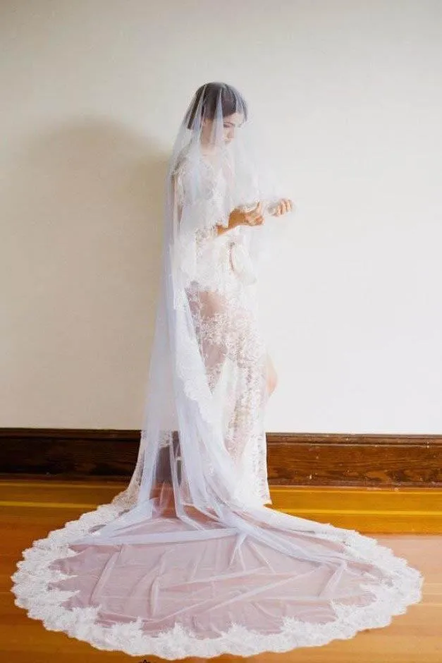 Selinadress 1T Tulle With Lace Cathedral Length Wedding Bridal Veil V11 with lace trim detail