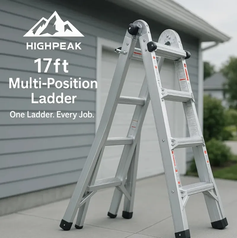 HighPeak 17ft multi-position aluminum ladder extended against a house