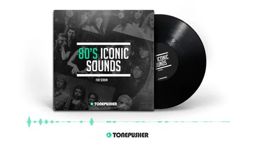 Tonepusher 80's Iconic Sounds product page showing a Serum preset pack of classic 80s synth sounds