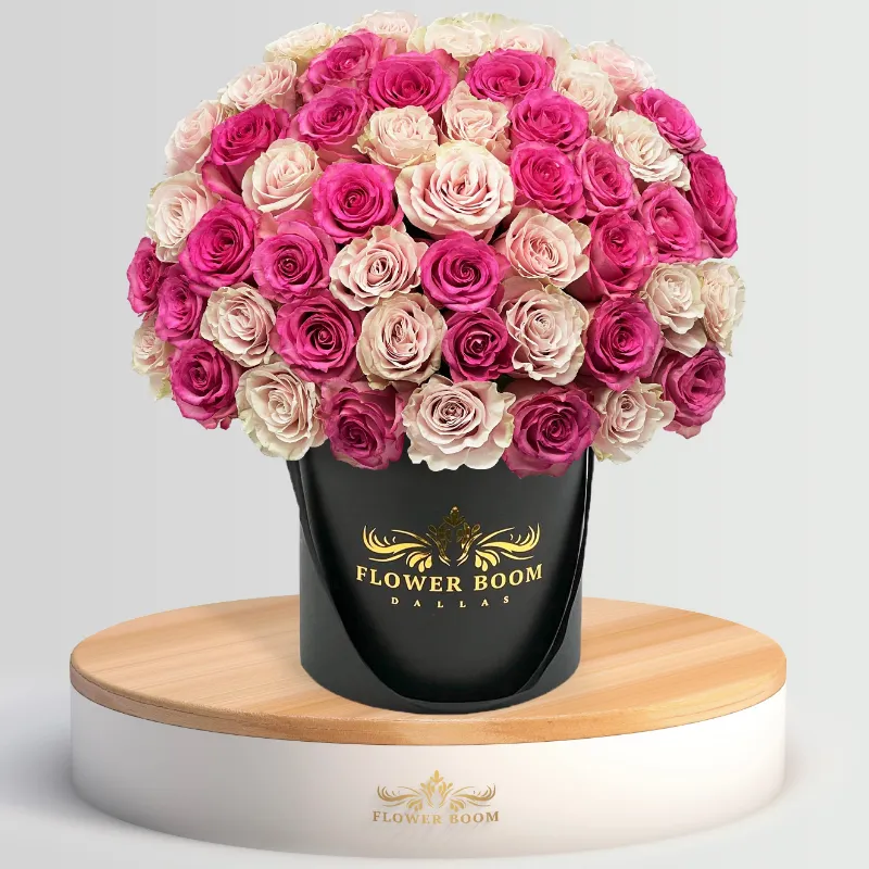 Flower Boom Dallas Rose Punch with fresh hot pink and light pink signature roses in large mixed arrangement