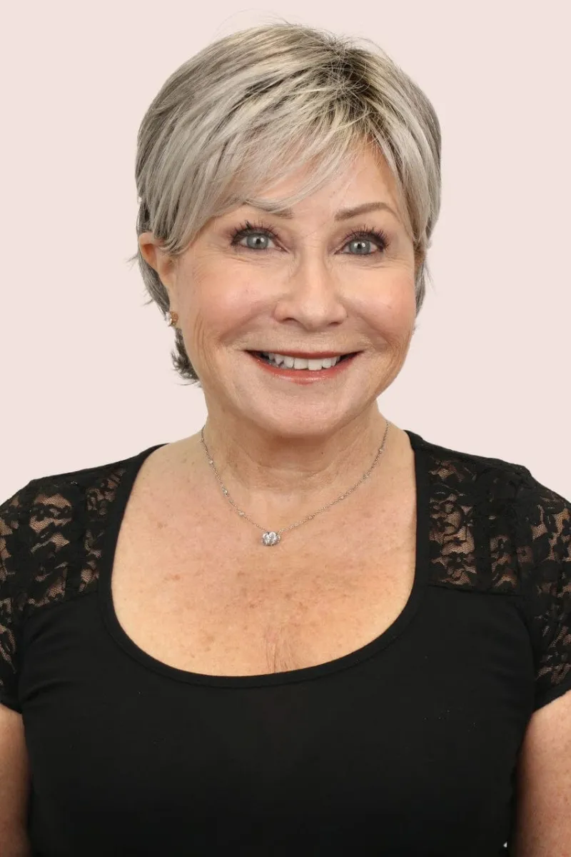 Godiva's Secret Wigs Kim Large with Roots short wig in Silver Stone-R with rooted color
