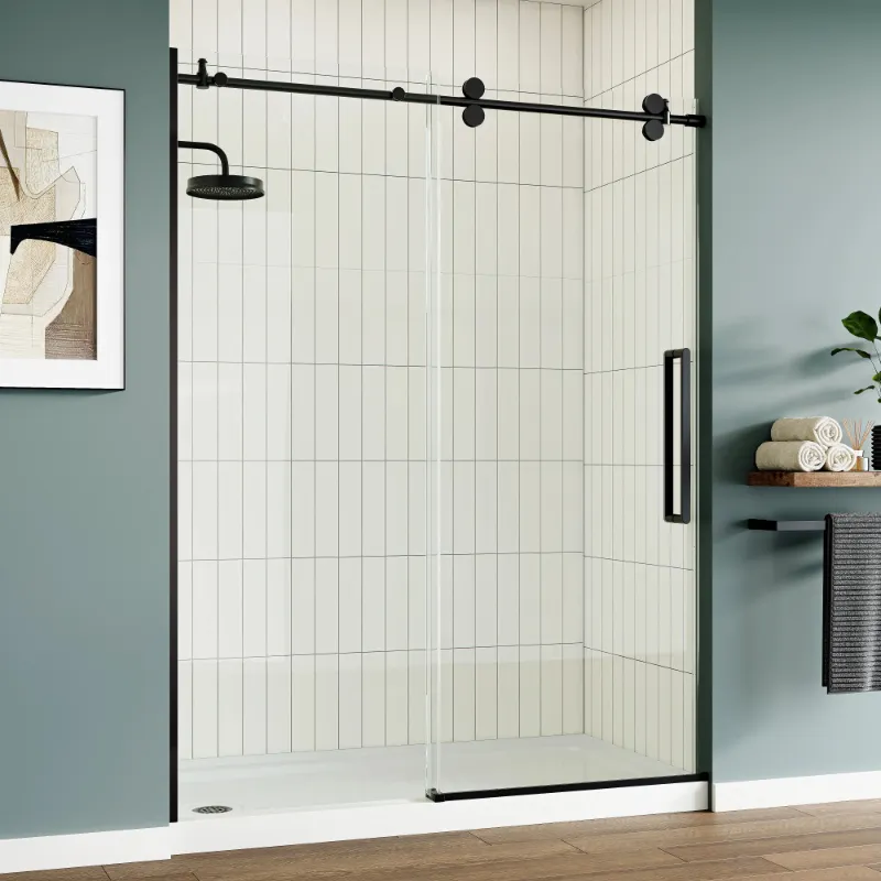 HOROW Black Sliding Shower Door MI6076-MB, matte black frameless glass shower door with 8mm glass