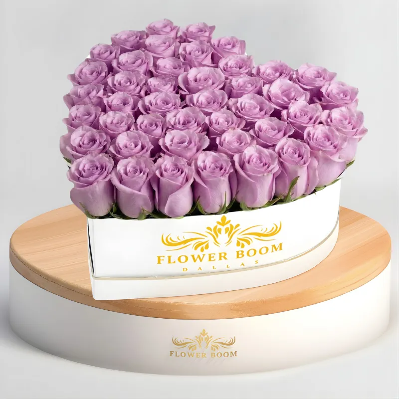 Flower Boom Dallas Purple Roses In A Heart Shaped Box with deep purple roses in elegant heart-shaped container