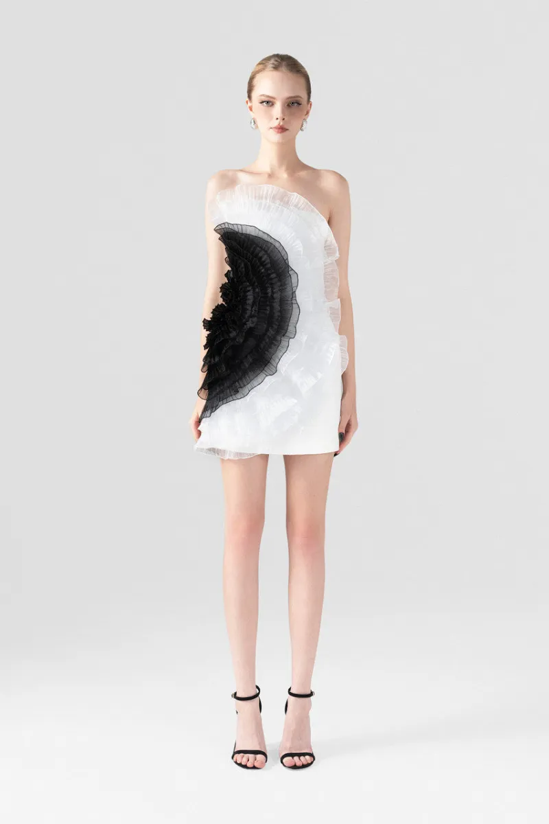 Kalisa Futuristic Artistic Black & White Ruffle Mini Dress, full front