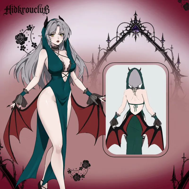 Koruraclub Gothic Green Devil Wing Costume Set HK008 green velvet dress with wing details