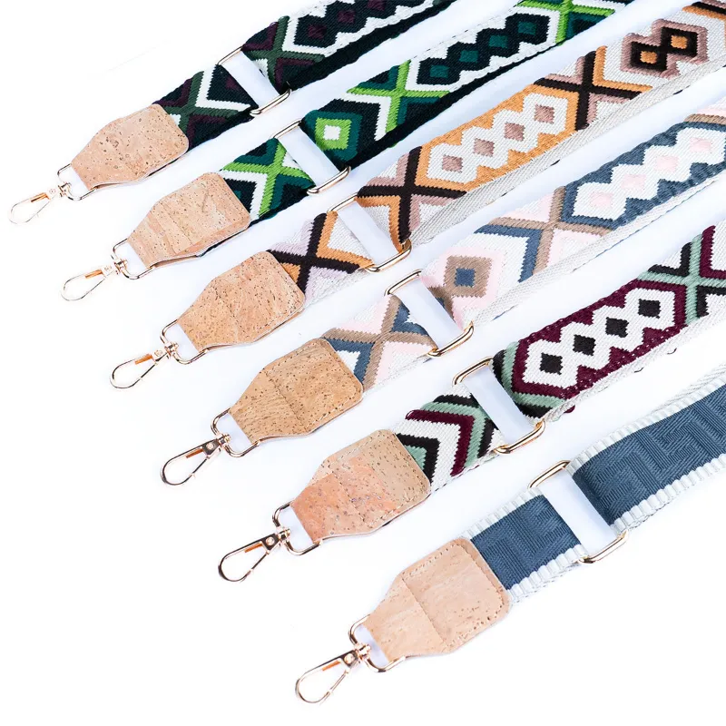 Corkadia Bohemian Cork-Enhanced Striped Webbing Strap with gold-toned hardware, shown laid flat