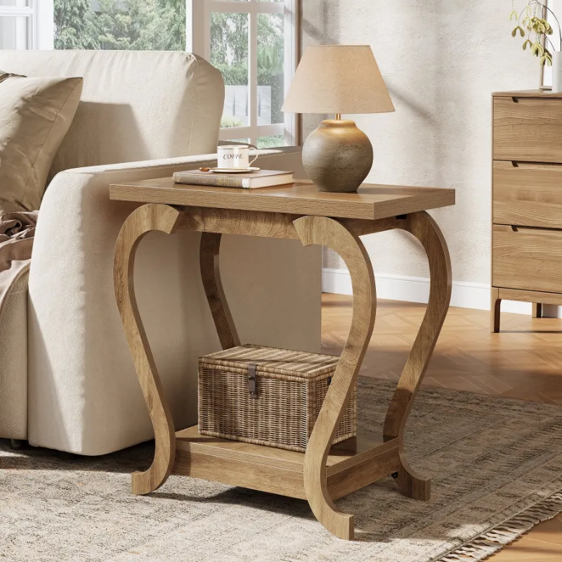Tribesigns 2-Tier End Table, narrow accent side table with distressed wood finish and open shelf