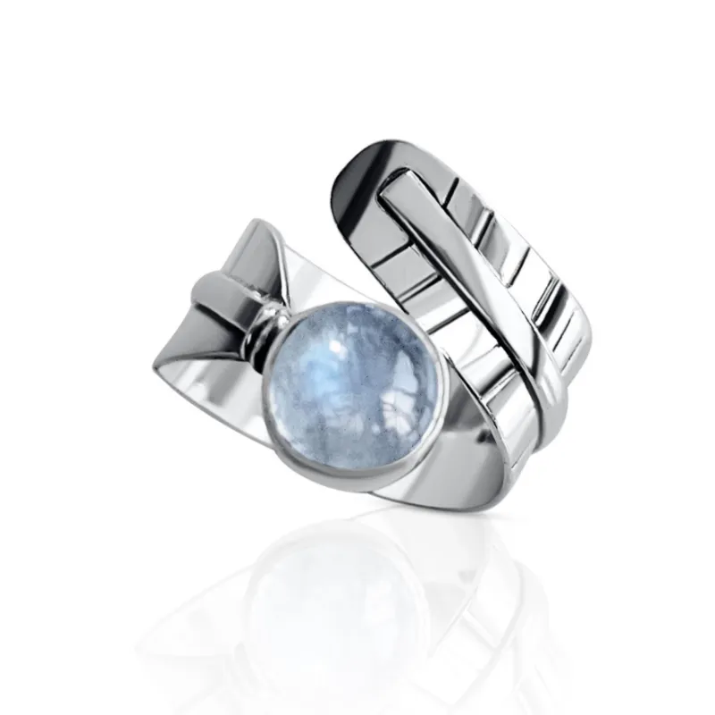 DORSYA Faith Silver Ring with Moonstone featuring feather design etched on sterling silver band