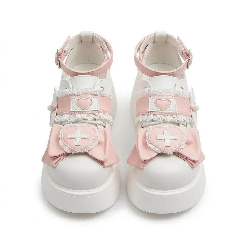 Shoptery Jirai Kei Nurse Heart Cross Platform Sneakers with Lace & Bow featuring chunky platform sole and oversized butterfly knot