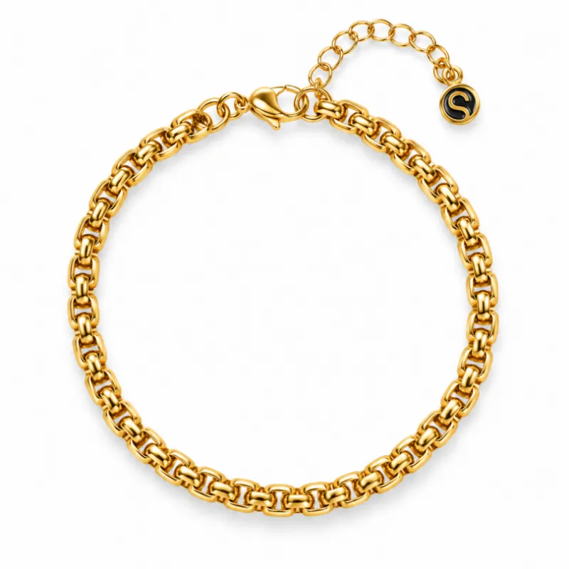 Sleek Fit Jewelry ARES BRACELET - GOLD, a gold box link bracelet with squared edges on a plain background