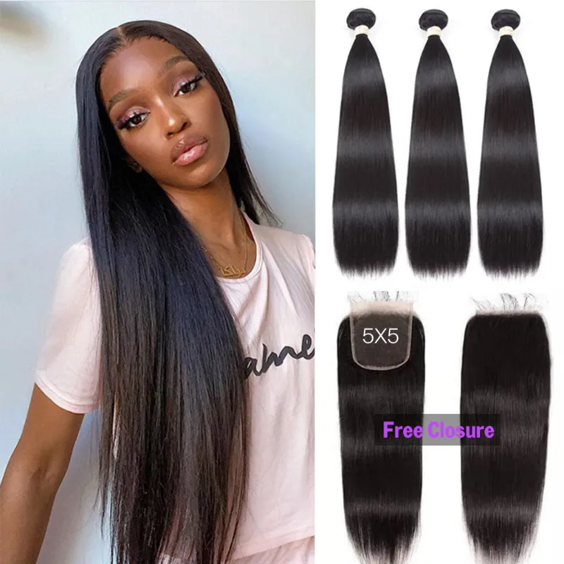 Megalook 3 bundles straight hair with lace frontal closure combo