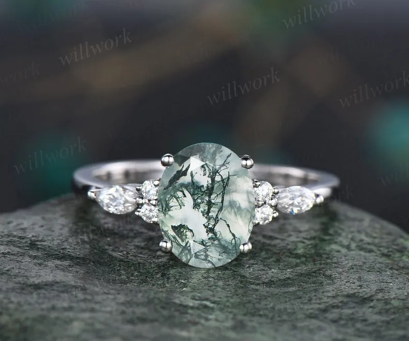 WillWork Jewelry 2ct Moss agate ring, oval moss agate with marquise diamonds on white background