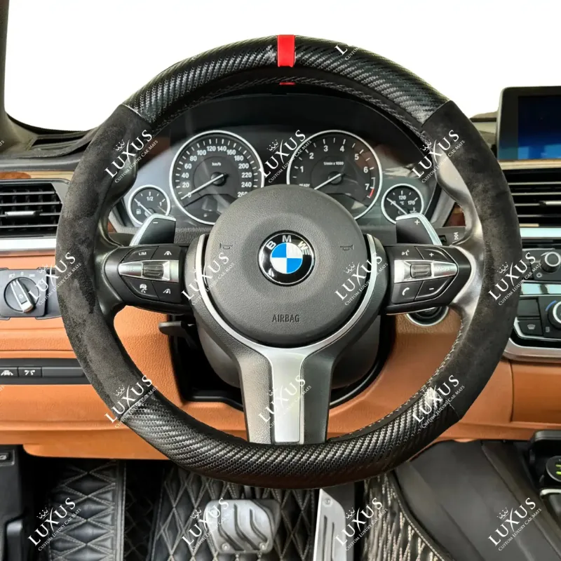 Luxus Car Mats Carbon and Suede Full Steering Wheel Cover showing textured carbon and suede material