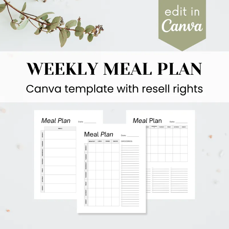 Purpose PLR Weekly Meal Plan and Grocery List Template with three Canva designs