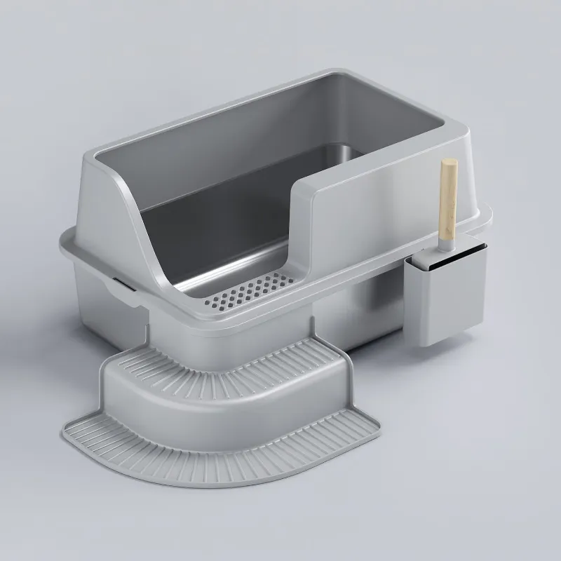 Furrbby XL Corner Entry Stainless Steel Litter Box with Stair step entrance