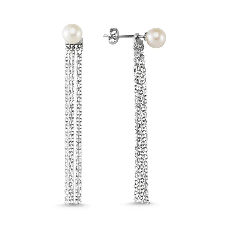 Amorium Jewelry Lyra Fringe and Pearl Stud Earring with Dangle Chains statement pair