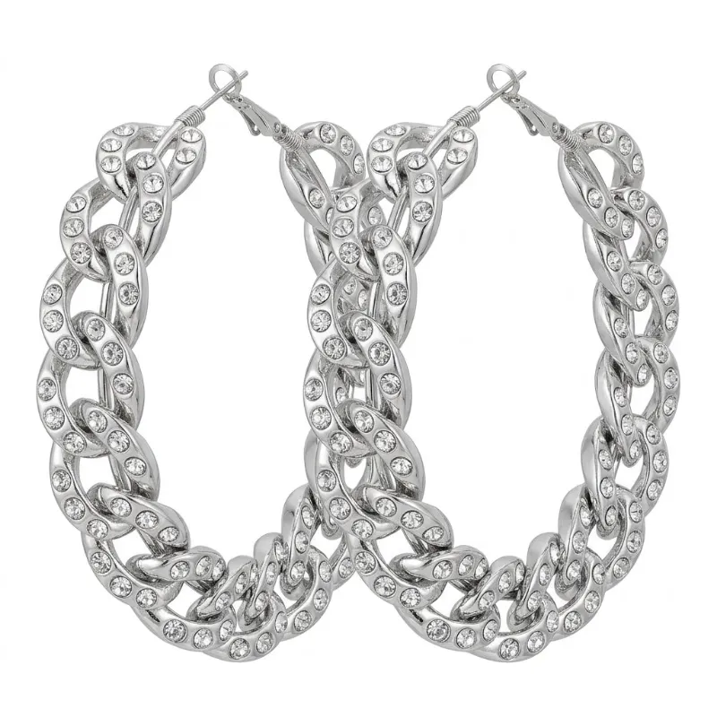 Shoptery Gyaru Crystal Cuban Chain Link Hoop Earrings with faceted crystal and geometric chain detail