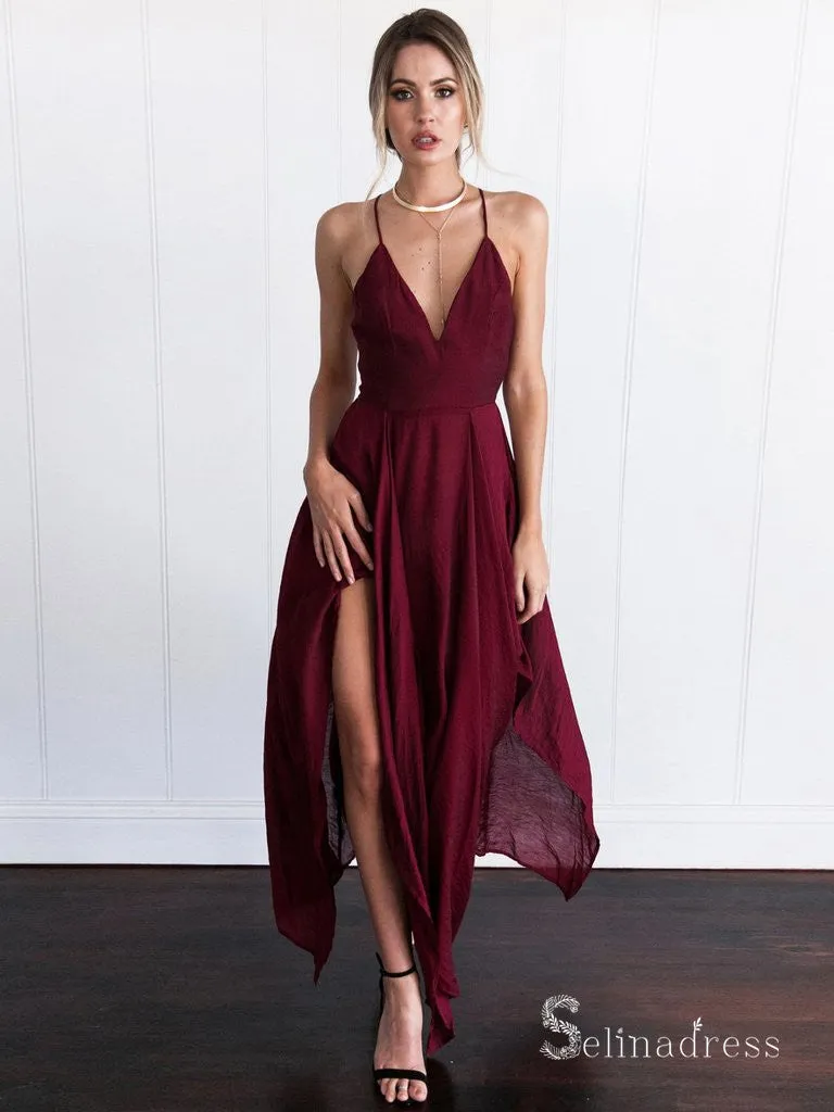 Selinadress A-line Chiffon Asymmetrical Spaghetti Straps Burgundy Cheap Long Prom Dress in flowing fabric