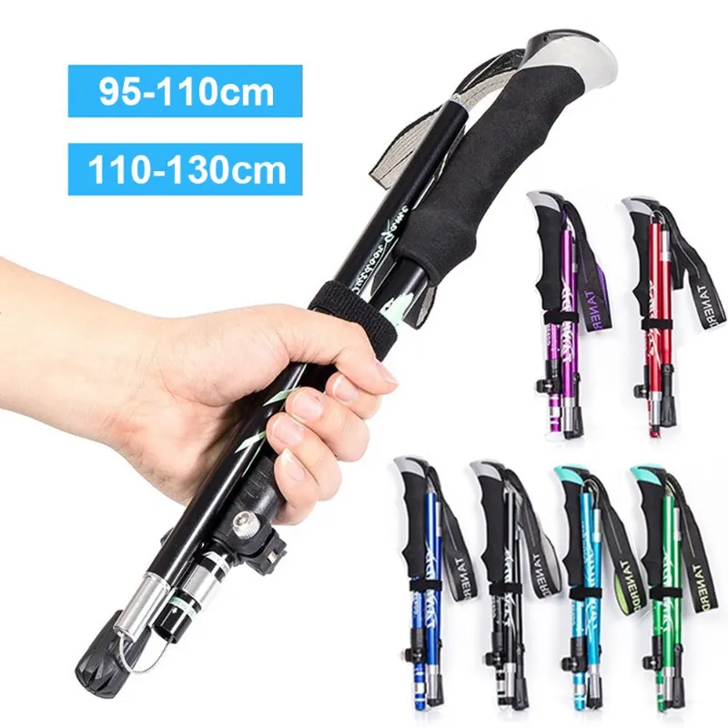 PUPU Sports Aluminum Foldable Trekking Pole Quick Lock Ultralight Hiking Stick shown in folded and extended positions