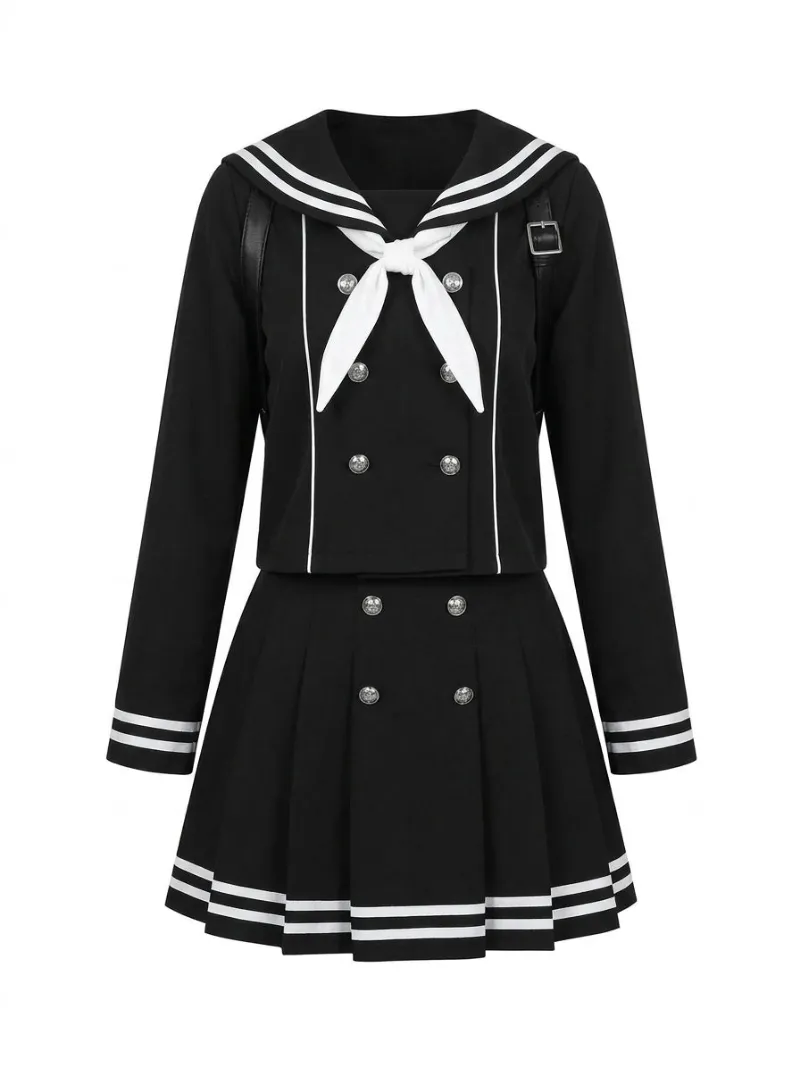 Shoptery Jirai Kei Black Sailor Double-Breasted Top & Pleated Skirt Set with bow detail