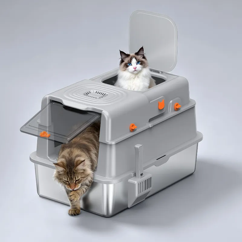 Furrbby XL 3-in-1 Convertible Stainless Steel Litter Box with flip-top lid