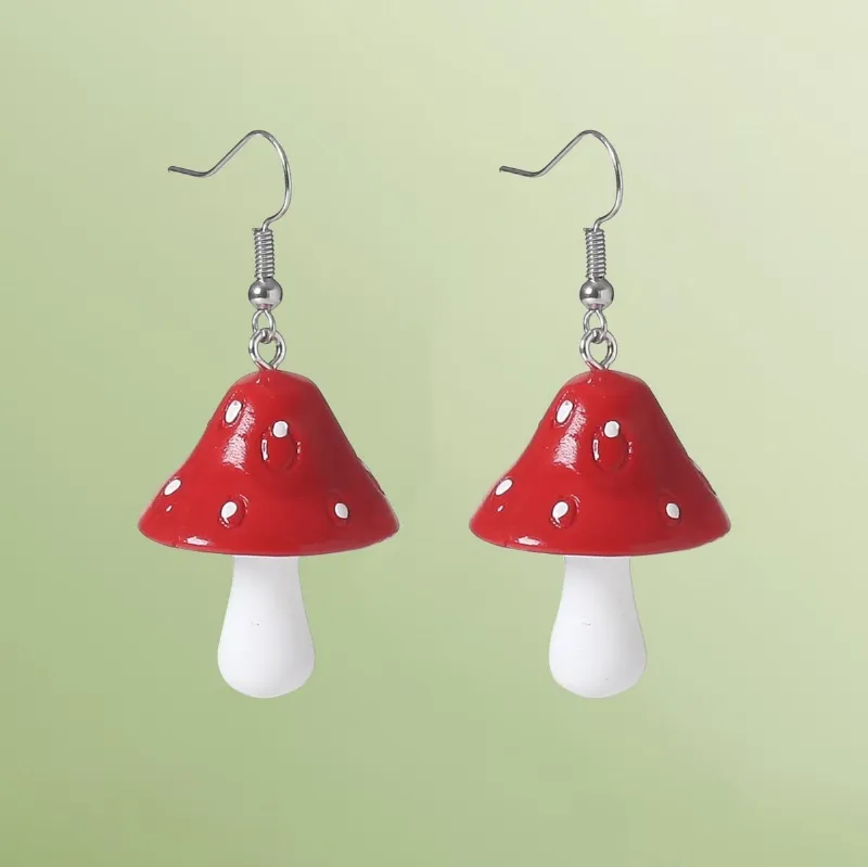 High Dreams Mushroom Drop Earrings in red with cute mushroom charm detail