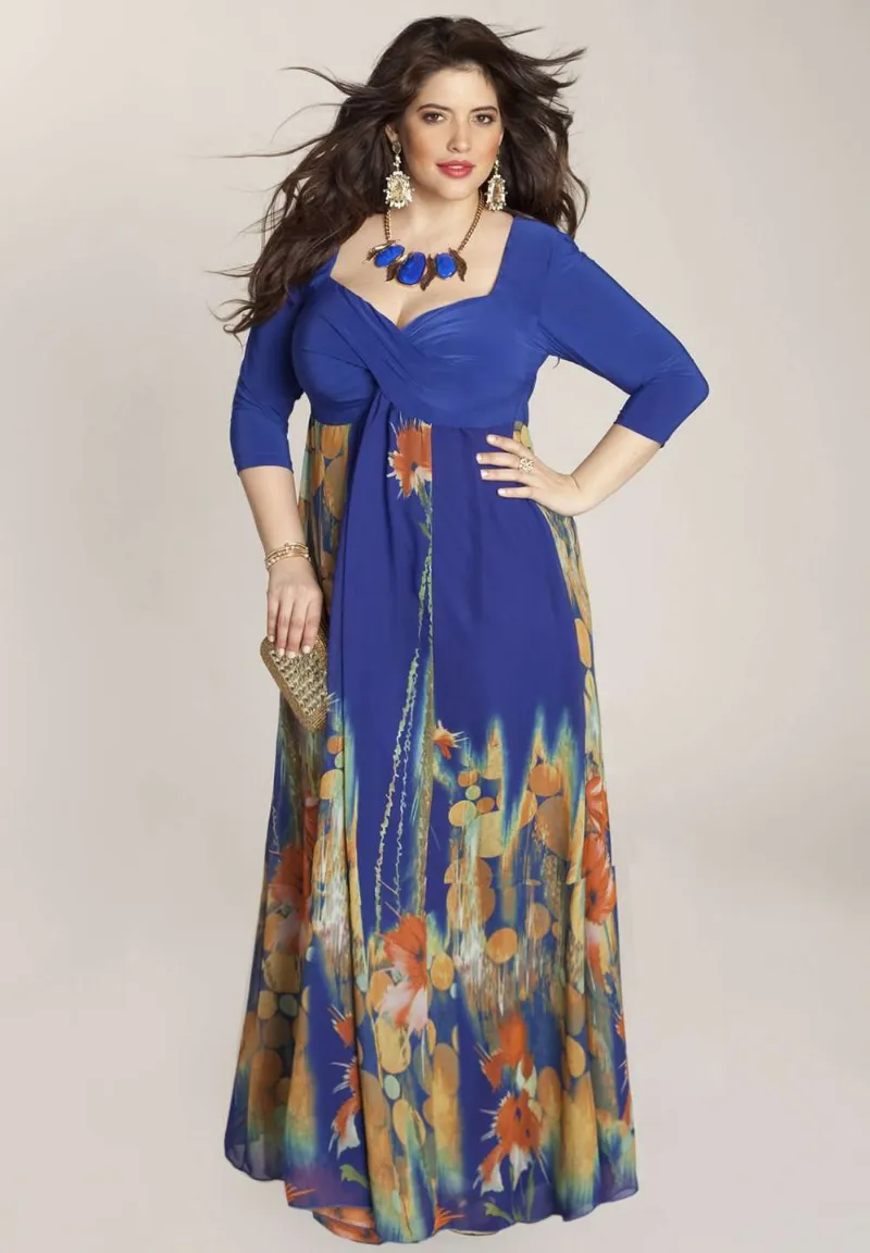 IGIGI Chrissy Plus Size Dress - blue crossover bodice with colorful printed skirt