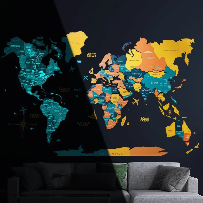 Enjoy The Wood 3D Luminous Colored Wooden World Map Indie wall decor with glowing continents