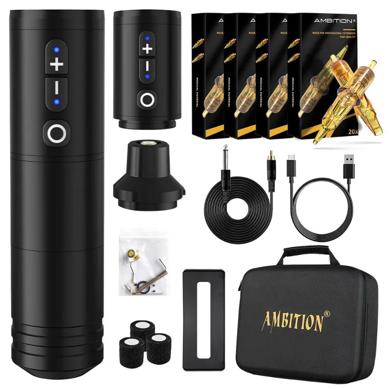 Ambition Tattoo Ninja Wireless Tattoo Machine Kit with pen machine, dual battery pack, LCD display and complete tattoo supplies