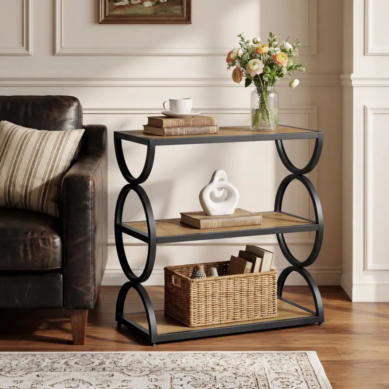 Tribesigns industrial nightstand with three-tier open shelves and curved metal frame