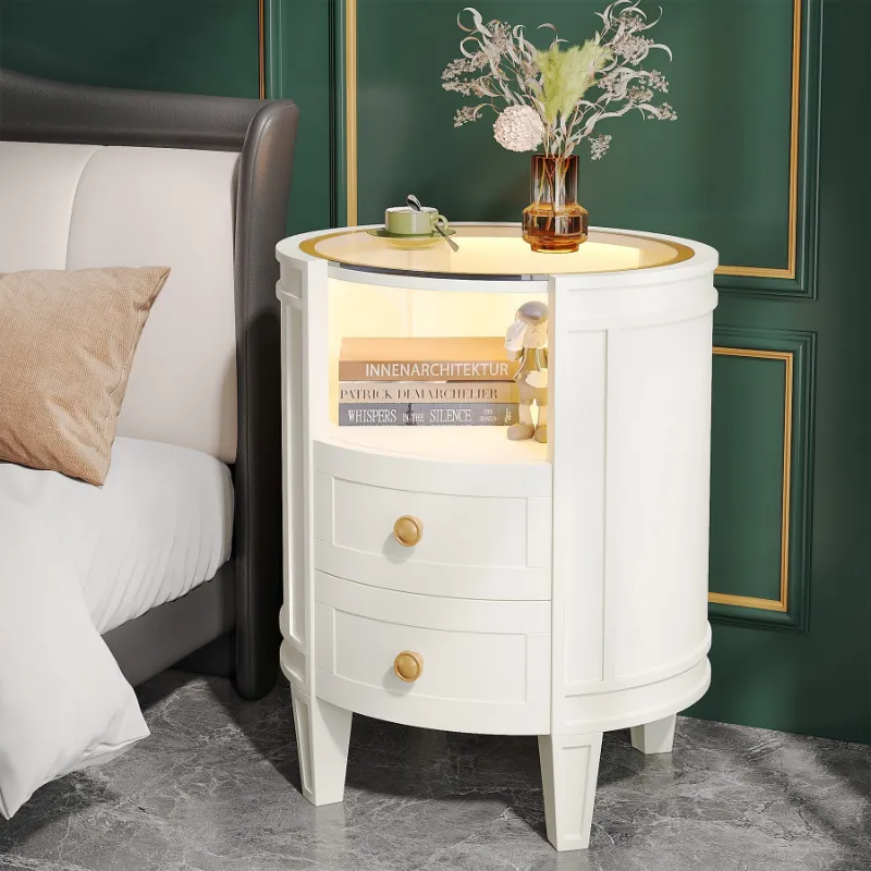 Tribesigns 2-Drawer Nightstand white oval design with LED-lit glass top and open shelf