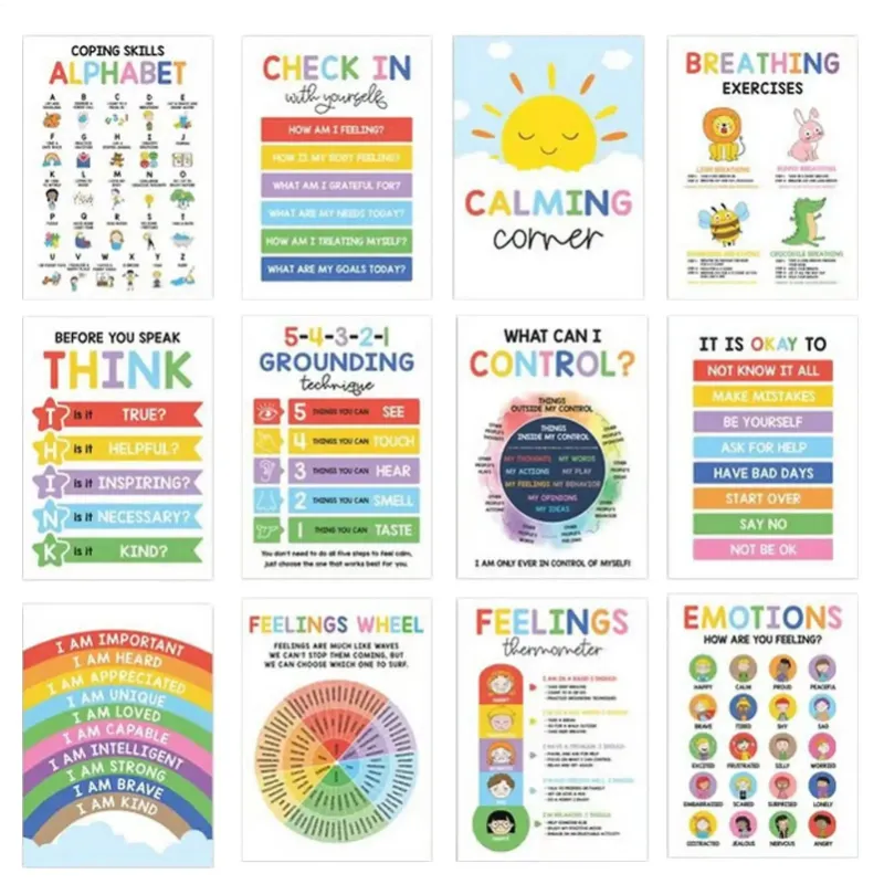 Kicklo 12pcs Calming Corner Posters For Kids Mental Health with colorful educational charts