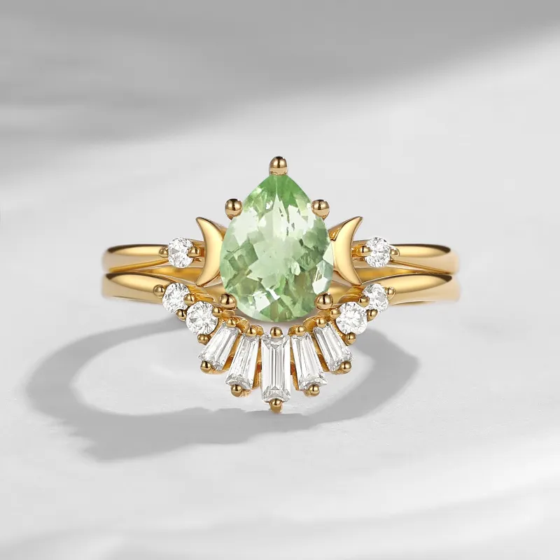 Starlandus 'Pure Moon' Fancy Pear Cut Green Amethyst Crescent Moon Engagement Ring Set